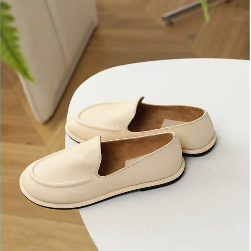 Loafers Women's Shoes 2025 New Spring Round Toe Slip-on Small Leather Shoes Casual Soft Leather Flat Mules