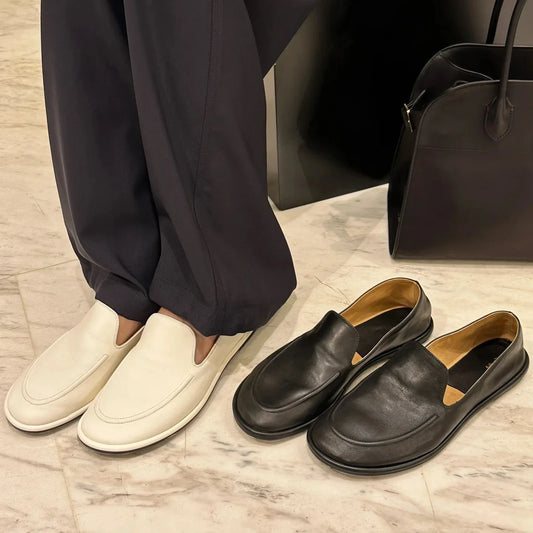 Loafers Women's Shoes 2025 New Spring Round Toe Slip-on Small Leather Shoes Casual Soft Leather Flat Mules