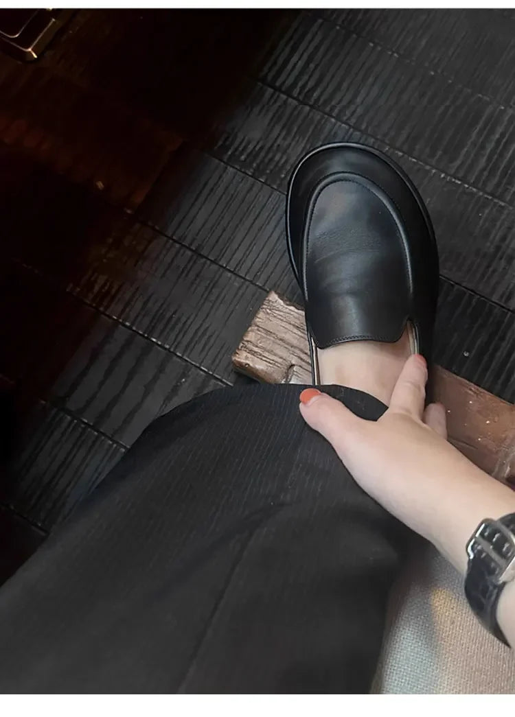 Loafers Women's Shoes 2025 New Spring Round Toe Slip-on Small Leather Shoes Casual Soft Leather Flat Mules