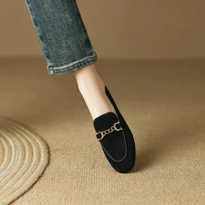 Retro British Style Fleece Lined Flat Bottom Loafers Women's Large Size Slip-On Shoes Matte Finish round Toe Rubber Outsole