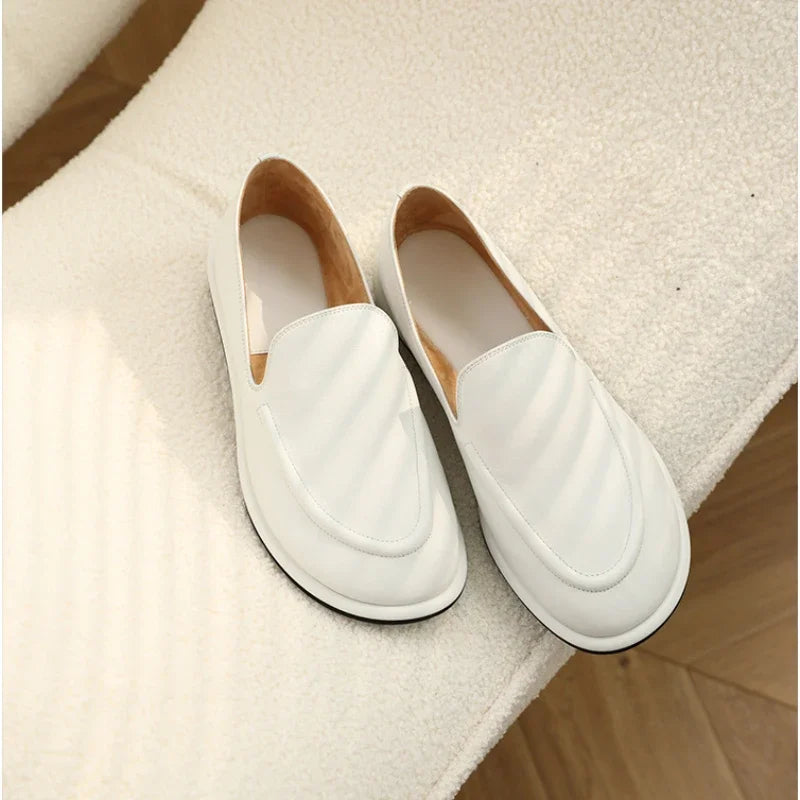 Loafers Women's Shoes 2025 New Spring Round Toe Slip-on Small Leather Shoes Casual Soft Leather Flat Mules