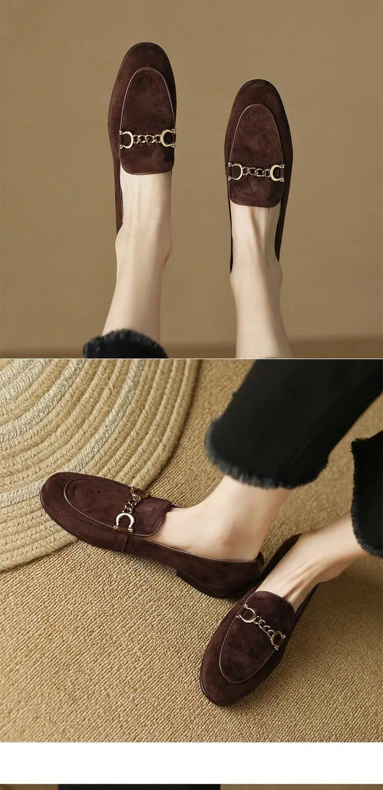 Retro British Style Fleece Lined Flat Bottom Loafers Women's Large Size Slip-On Shoes Matte Finish round Toe Rubber Outsole