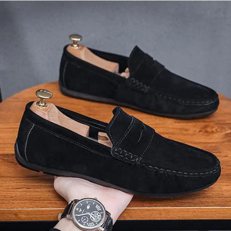Spring Summer Blue Suede Loafers Men Slip On Soft Moccasins Breathable Flats Driving Shoes Men Leather Casual Shoes Handmade