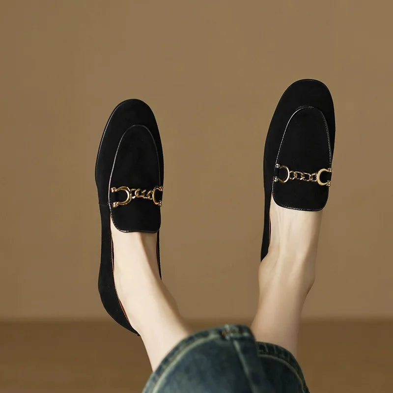 Retro British Style Fleece Lined Flat Bottom Loafers Women's Large Size Slip-On Shoes Matte Finish round Toe Rubber Outsole