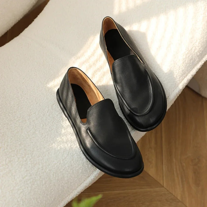 Loafers Women's Shoes 2025 New Spring Round Toe Slip-on Small Leather Shoes Casual Soft Leather Flat Mules