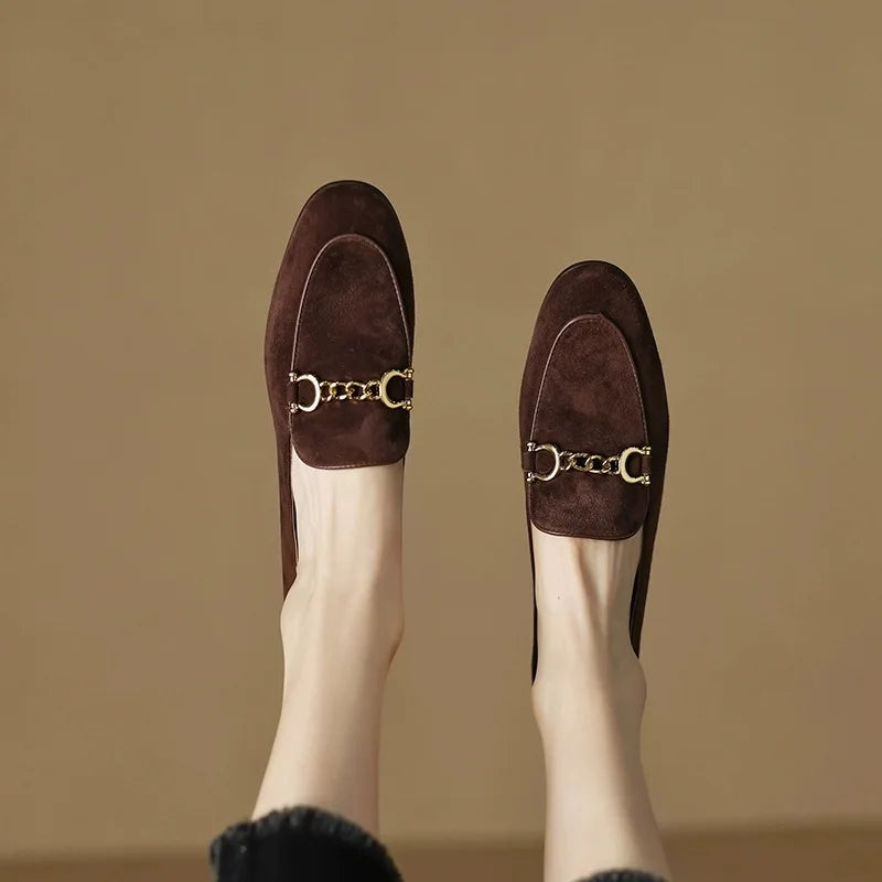 Retro British Style Fleece Lined Flat Bottom Loafers Women's Large Size Slip-On Shoes Matte Finish round Toe Rubber Outsole