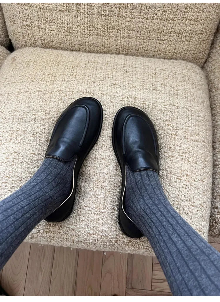 Loafers Women's Shoes 2025 New Spring Round Toe Slip-on Small Leather Shoes Casual Soft Leather Flat Mules