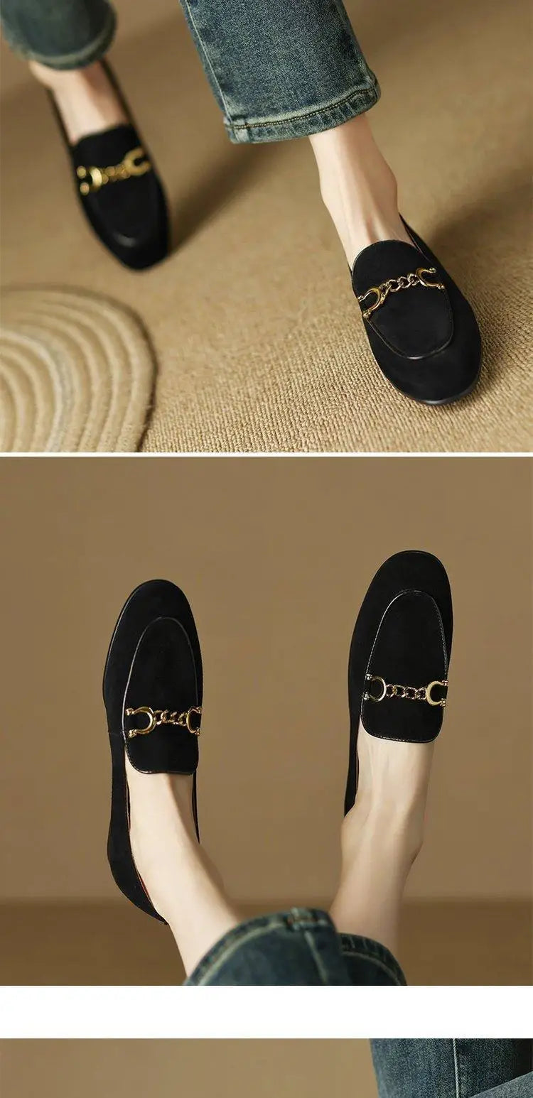 Retro British Style Fleece Lined Flat Bottom Loafers Women's Large Size Slip-On Shoes Matte Finish round Toe Rubber Outsole