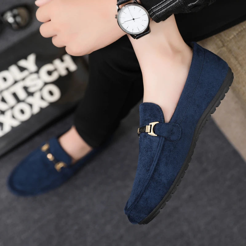 Spring Summer Blue Suede Loafers Men Slip On Soft Moccasins Breathable Flats Driving Shoes Men Leather Casual Shoes Handmade