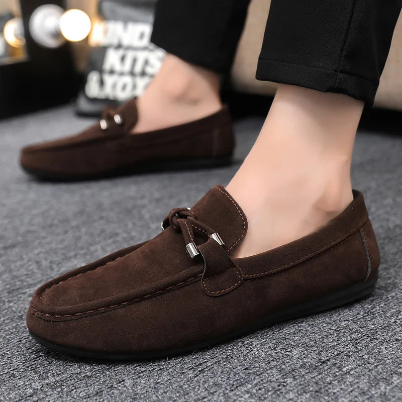 Spring Summer Blue Suede Loafers Men Slip On Soft Moccasins Breathable Flats Driving Shoes Men Leather Casual Shoes Handmade