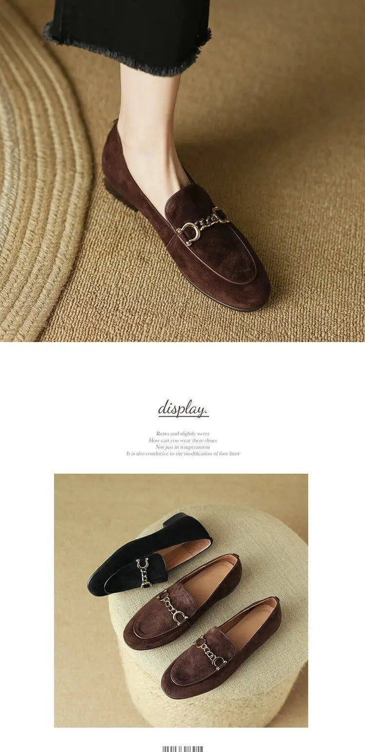 Retro British Style Fleece Lined Flat Bottom Loafers Women's Large Size Slip-On Shoes Matte Finish round Toe Rubber Outsole