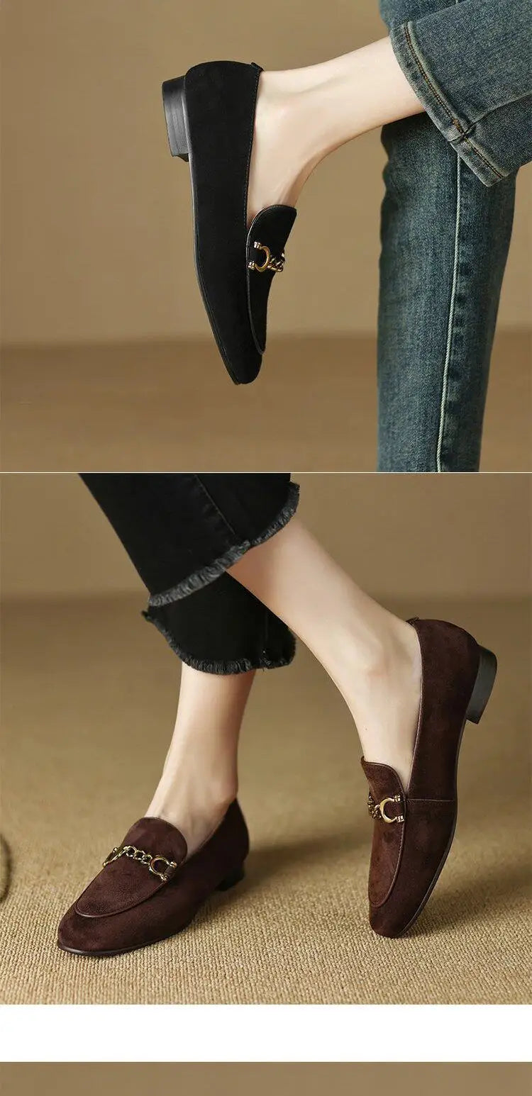 Retro British Style Fleece Lined Flat Bottom Loafers Women's Large Size Slip-On Shoes Matte Finish round Toe Rubber Outsole