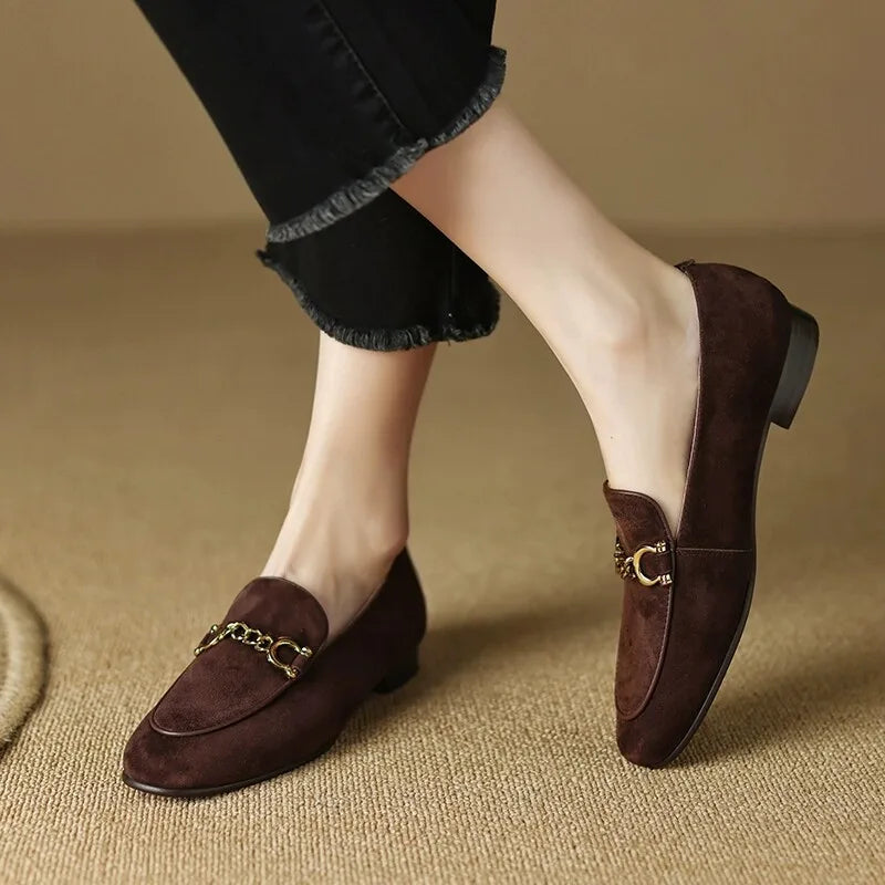 Retro British Style Fleece Lined Flat Bottom Loafers Women's Large Size Slip-On Shoes Matte Finish round Toe Rubber Outsole