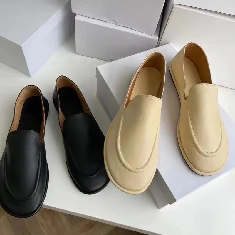 Loafers Women's Shoes 2025 New Spring Round Toe Slip-on Small Leather Shoes Casual Soft Leather Flat Mules